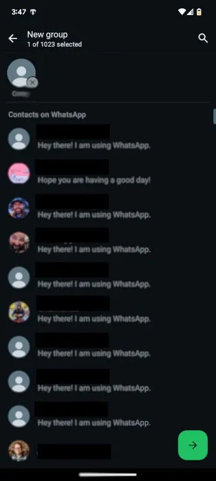 將聯絡人新增至新 WhatsApp 群組的螢幕截圖