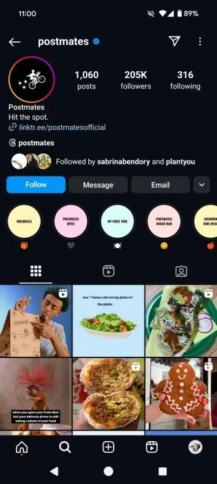 亮點可在 Postmates Instagram 個人資料上看到。