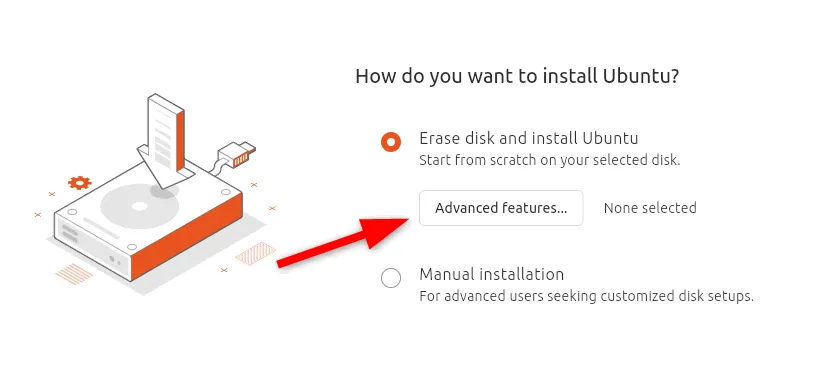 Ubuntu 安裝中磁碟的進階功能選項。