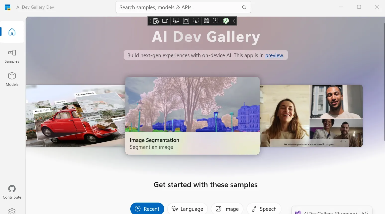 Interface do aplicativo AI Dev Gallery no Windows 11