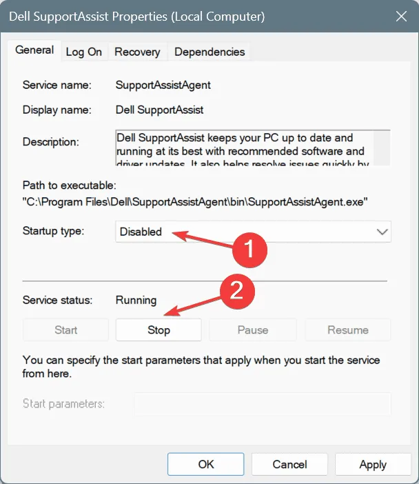 Dell SupportAssistサービスをオフにする