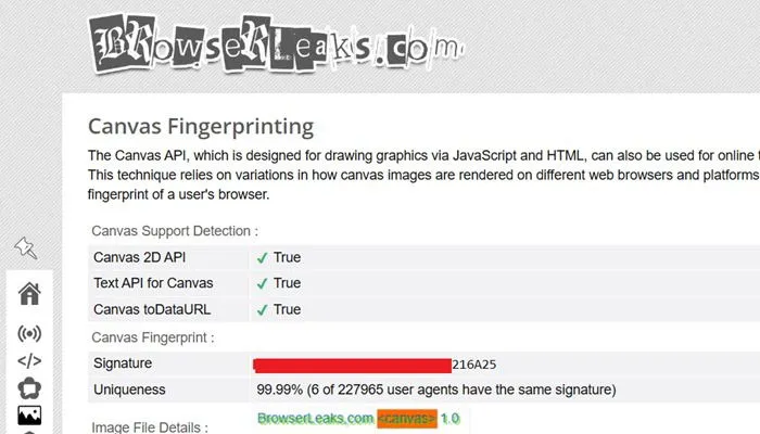 BrowserLeaks Signature テストは、Canvas Fingerprinting テストを通じて測定および検証されます。