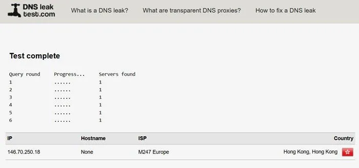 DNSLeakTest によって作成された拡張リーク テスト。