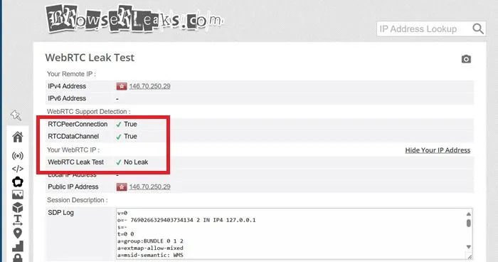BrowserLeaks での WebRTC リーク テストでは、WebRTC リークは検出されませんでした。