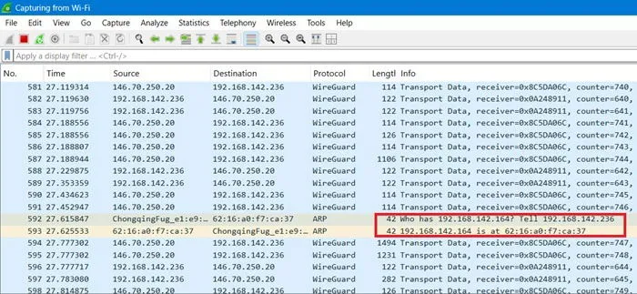 Wireshark で元の IP アドレスを明らかにする異常な ARP パケット。