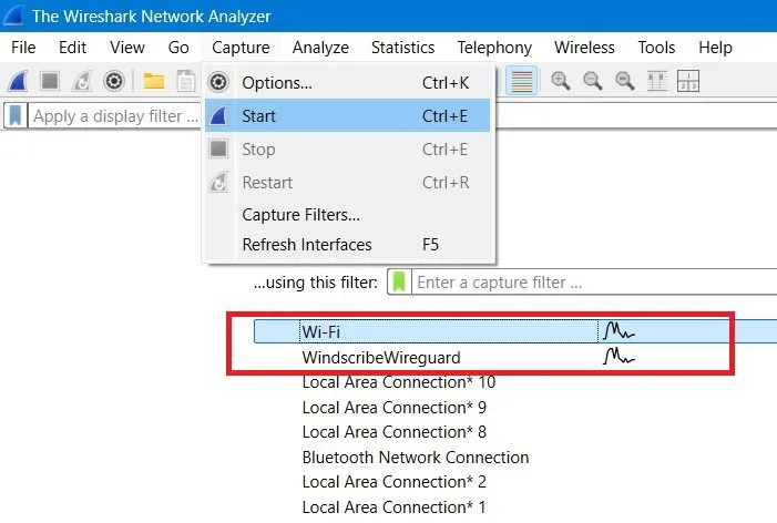 Windows で Wireshark を使用して、[キャプチャ] -> [開始] で Wi-Fi および VPN のネットワーク データをキャプチャします。