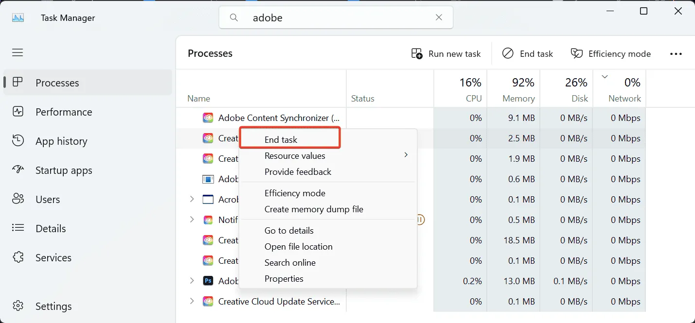 Adobe-Prozesse im Task-Manager beenden