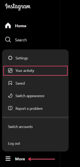 PC の Instagram の [その他] メニューから [アクティビティ] オプションを選択します。