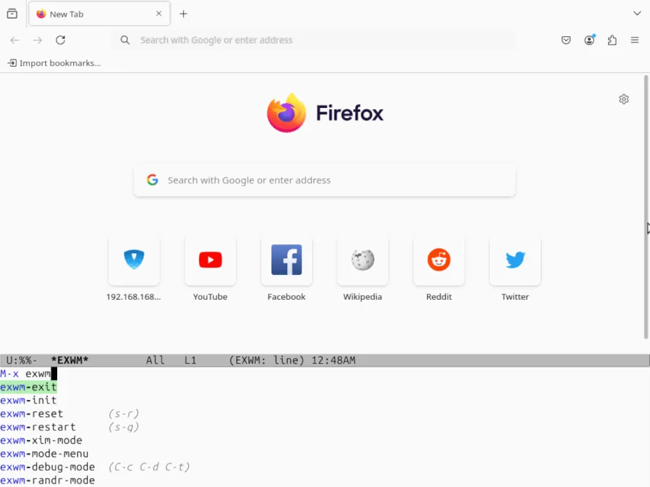 Voorbeeld van de functionaliteit van passthrough-sleutels in Exwm.