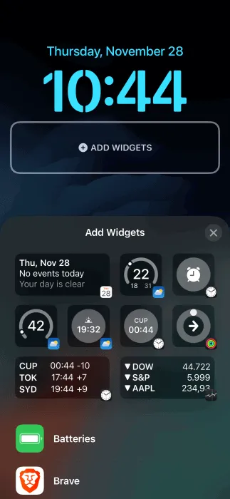 Sélection de widgets pour l'écran de verrouillage de l'iPhone.