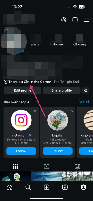 Instagram 個人檔案上顯示的音樂