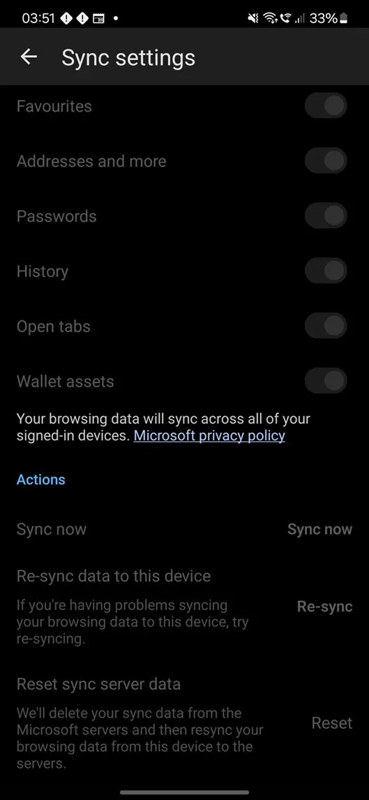 Android 版 Microsoft Edge で同期をリセットする