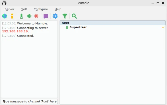 新しい Mumble サーバーにログインしたスーパーユーザー アカウントを示すスクリーンショット。