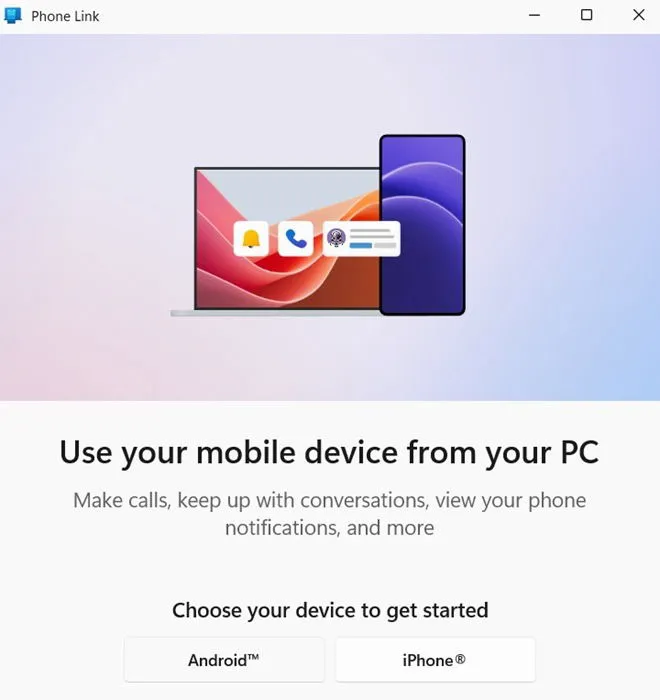 選擇 Android 或 iPhone 裝置以開始在 Windows 上使用 Phone Link。