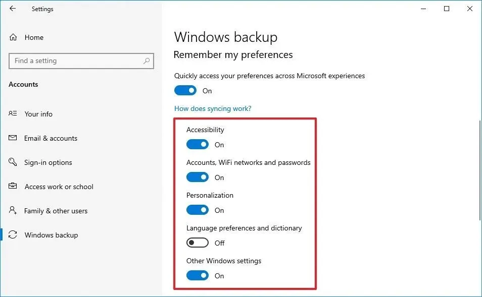 Windows 10 變更同步設定